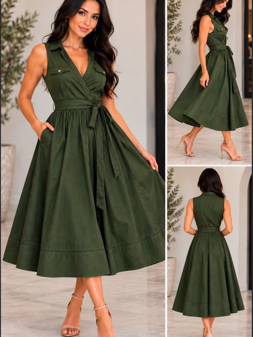 Express Olive Green Sleeveless Midi Shirt Dress with Tie Waist